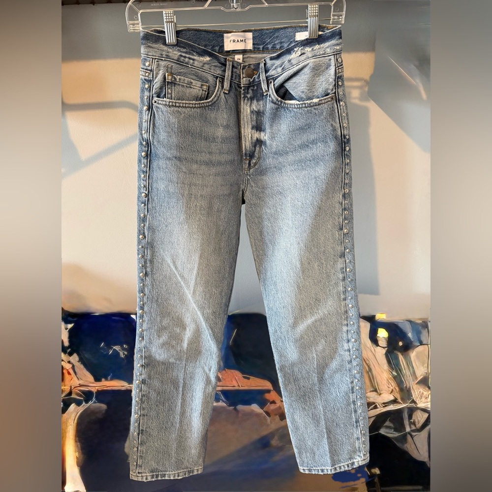 Frame Denim Light Blue Straight-Leg Jeans with Side Studs